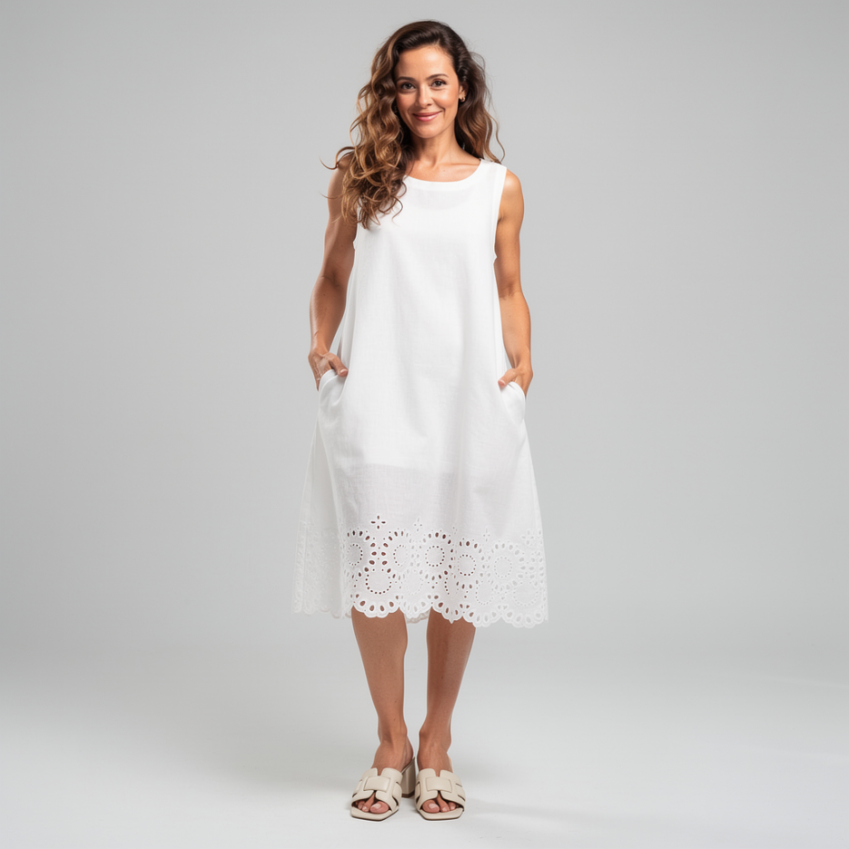 Rena Marx - Leinenkleid mit Broderie Anglaise
